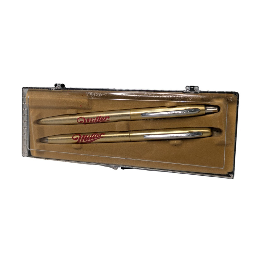 Vintage Wearever Gold Tone Ballpoint Pen Pencil Set Miller High Life Beer AS IS